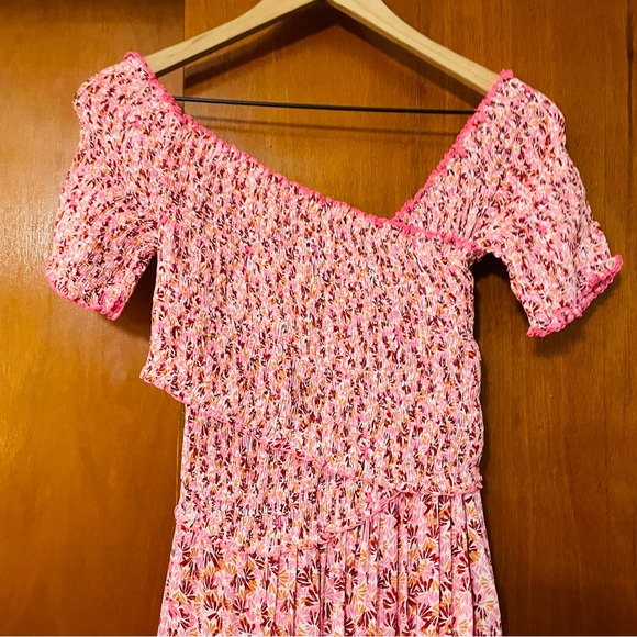 Poupette St Barth Soledad Smocked Midi Dress Pink Damask Floral Off Shoulder - Picture 10 of 16